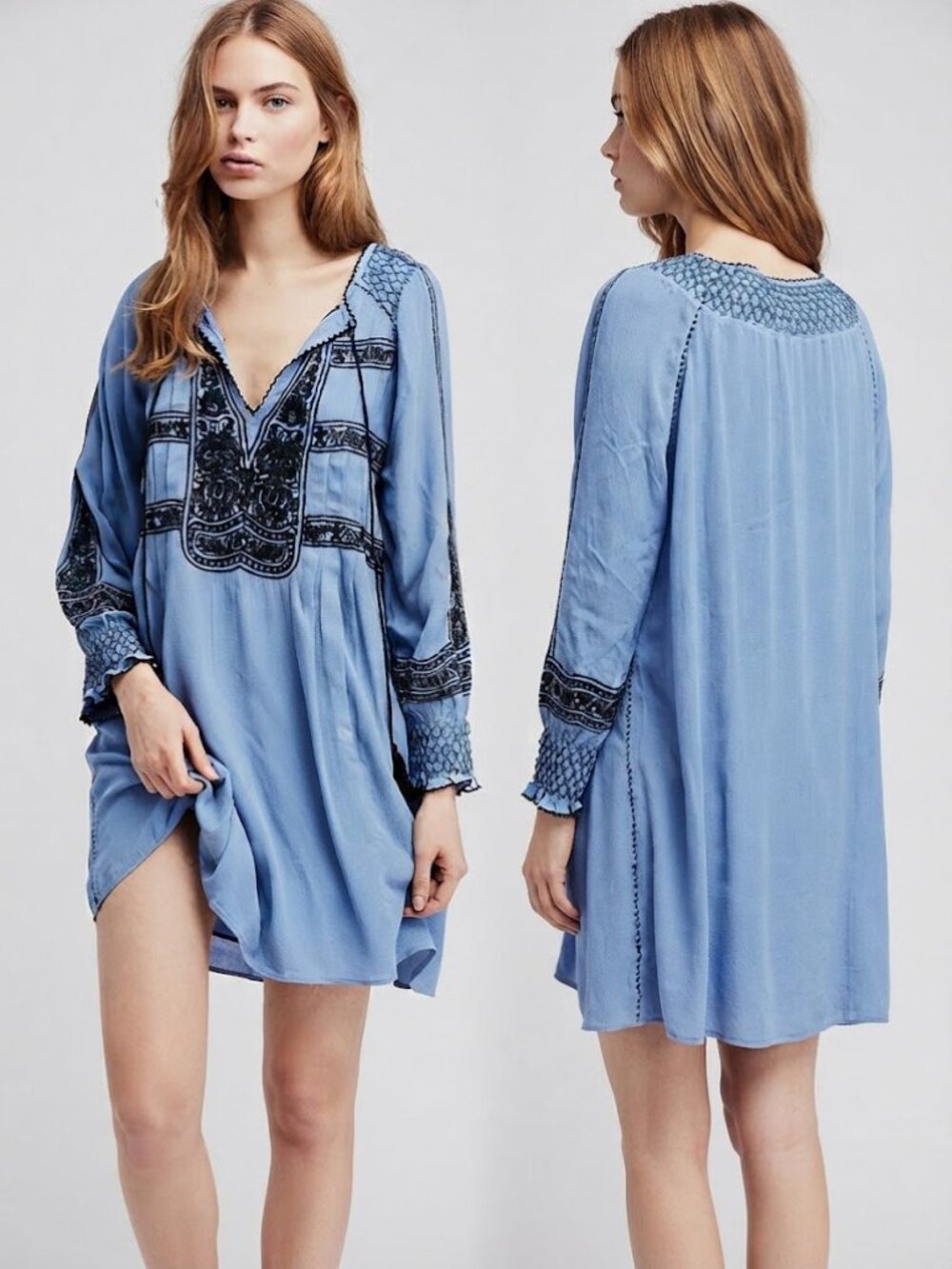 Free People Blue Embroidered Boho Mini Dress Black Tassels Sz M Boho Cottage